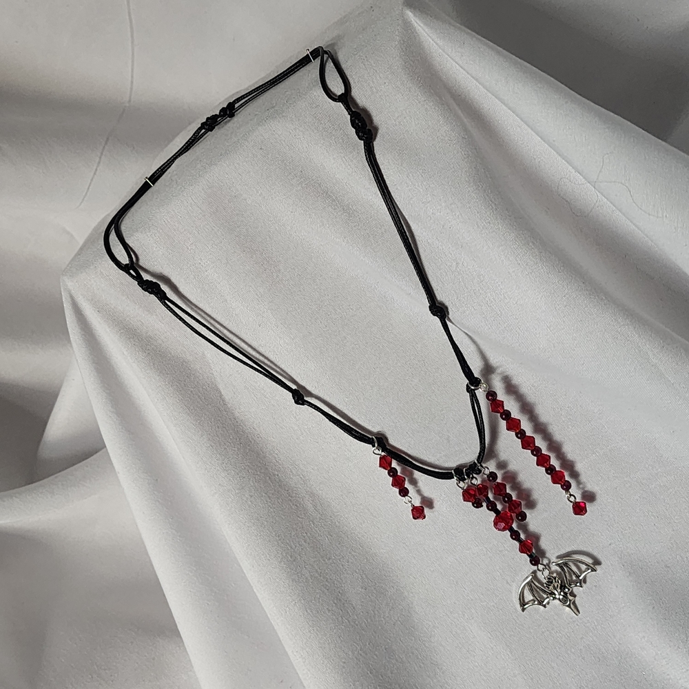 Handmade Gothic Red Crystal, Genuine Garnet and Silver Bat Pendant Necklace - Picture 3 of 14